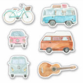 Farbige Retro Wasserfarbe Van Bicycle Gitarre Aufkleber (Vorderseite)