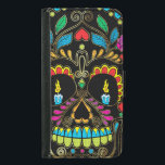 Farbige Retro-Zucker-Schädel-Glitzer-Akzente Samsung Galaxy S5 Geldbeutel Hülle<br><div class="desc">Coole Retro-Blumenzucker Schädel Glitzer Textur mit goldenen Farbakzente mit brennenden Kerzen für Augen. Schwarzer Hintergrund</div>