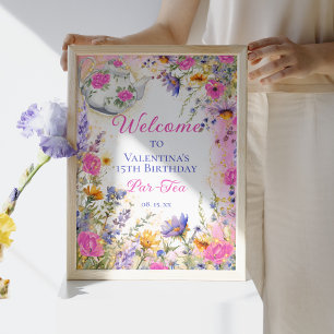 Farbige rosa florale Geburtstags-Teeparty-Willkomm Poster