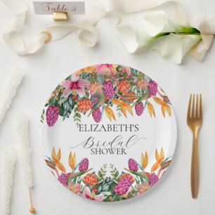 Farbige rosa-orange tropische Blumen-Braut-Party Pappteller