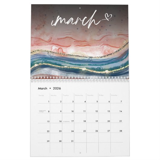 Farbige Rose Goldblau Marmorfarbe Glitzer Kalender (Mär 2026)