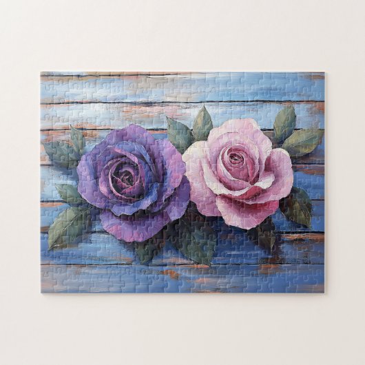 Farbige Rose im rustikalen Holzhintergrund Puzzle (Horizontal)