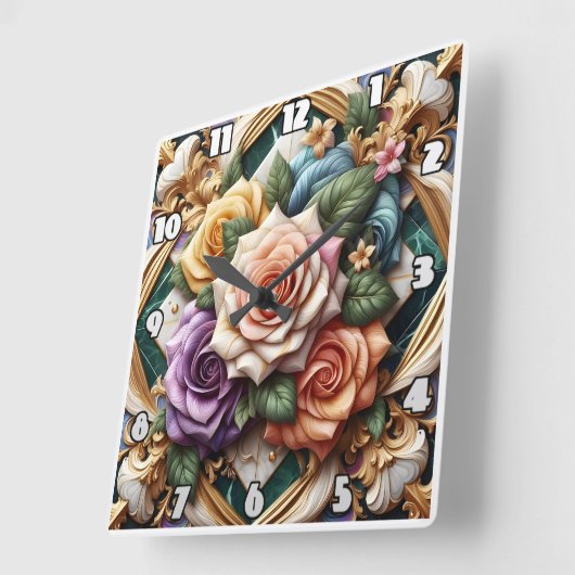 Farbige Rose in dekorativer Blumenordnung Quadratische Wanduhr (Winkel)