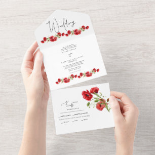 Farbige rote florale Winterhochzeit Alles in einer All In One Einladung