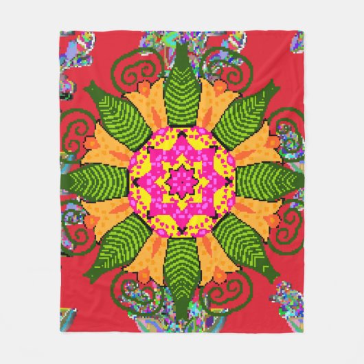 Farbige runde Blumenmandala auf einem roten, grüne Fleecedecke (Vorderseite)