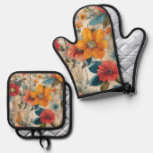 Farbige rustikale Blume Ofenhandschuh & Topflappen-Set (Vorderseite/Rückseite)