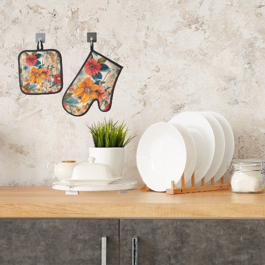 Farbige rustikale Blume Ofenhandschuh & Topflappen-Set