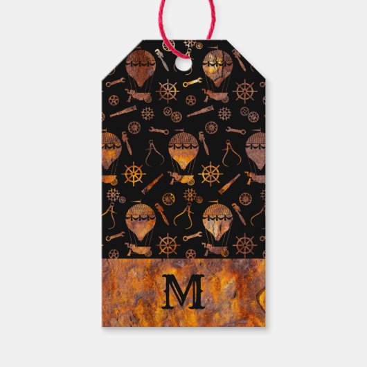 Farbige Rusty Steampunk Balloons Monogram Geschenkanhänger (Vorderseite)