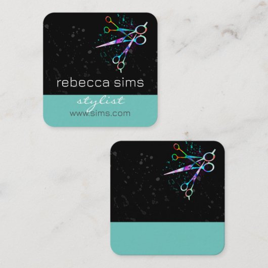 farbige Schere auf schwarz und aquamarin modern kü Quadratische Visitenkarte (Vorne/Hinten)