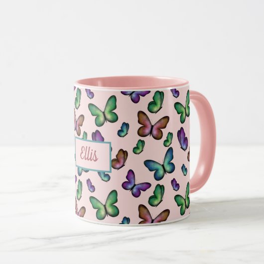 Farbige Schmetterlinge fügen Ihren Namen hinzu Tasse (VorderseiteRechts)