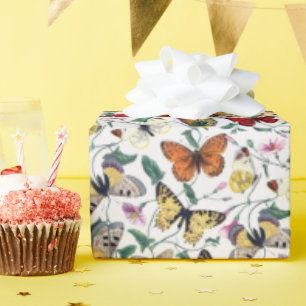 Farbige Schmetterlinge rosa Blumen & grüne Blätter Geschenkpapier