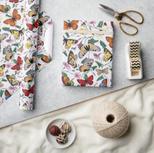 Farbige Schmetterlinge rosa Blumen & grüne Blätter Geschenkpapier