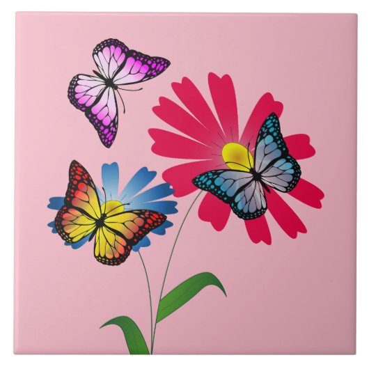 Farbige Schmetterlinge und Blume Fliese (Vorderseite)