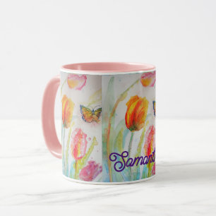 Farbige Schmetterlings-Tulpen-Wasserfarbe anpassba Tasse