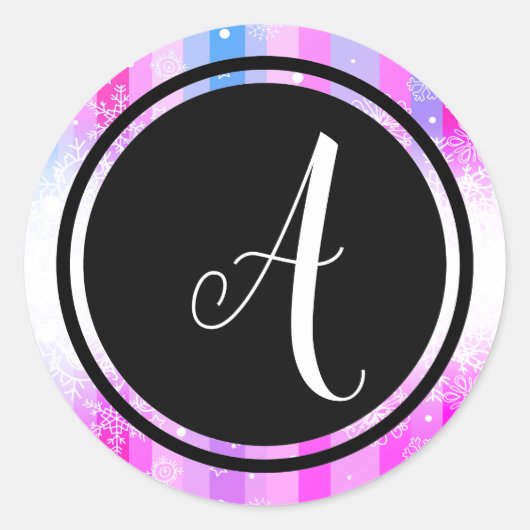 Farbige Schneemonogramm-schwarze Circle-Circle-Auf Runder Aufkleber (Vorderseite)