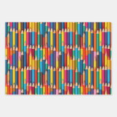 Farbige Schulbusse der Pencil School - bunte Stern Geschenkpapier Set (Vorderseite)
