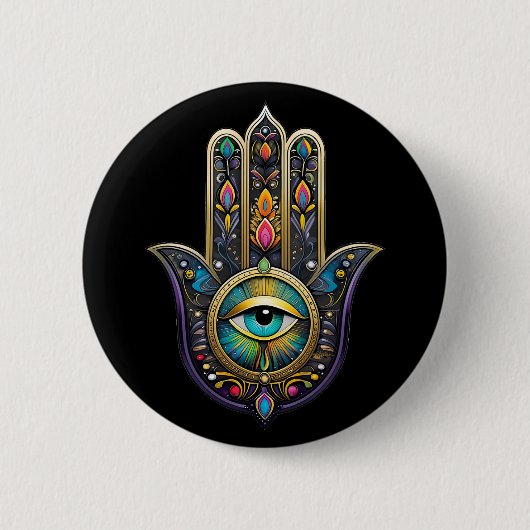 Farbige schwarze Gold Hamsa mit Türkis drittem Aug Button (Vorderseite)