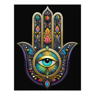 Farbige schwarze Gold Hamsa mit Türkis drittem Aug Fotodruck