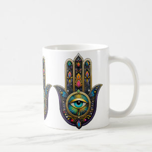 Farbige schwarze Gold Hamsa mit Türkis drittem Aug Kaffeetasse