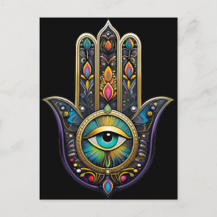 Farbige schwarze Gold Hamsa mit Türkis drittem Aug Postkarte