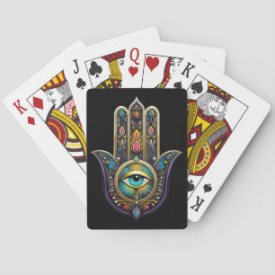Farbige schwarze Gold Hamsa mit Türkis drittem Aug Spielkarten