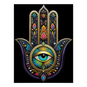 Farbige schwarze Gold Hamsa mit Turquoise Drittem  Poster
