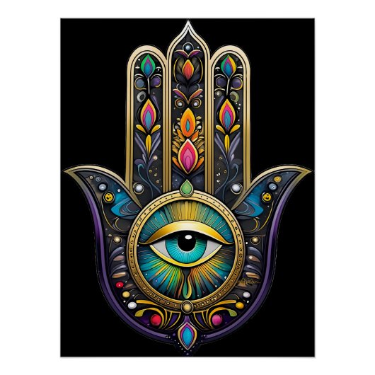 Farbige schwarze Gold Hamsa mit Turquoise Drittem Poster (Vorderseite)
