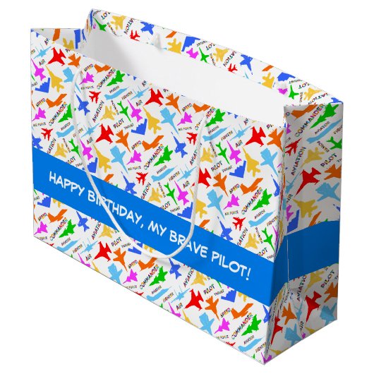 Farbige Silhouetten von Militärflugzeugen Große Geschenktüte (Rückseite Schrägansicht)