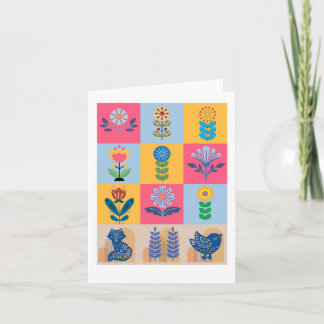 Farbige skandinavische Volkskunst Blumen & Vögel N Dankeskarte