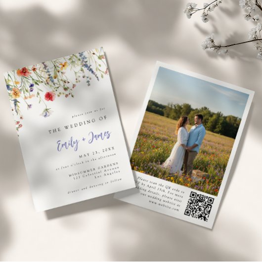 Farbige Sommerblumen QR-Code Foto-Hochzeit Einladung