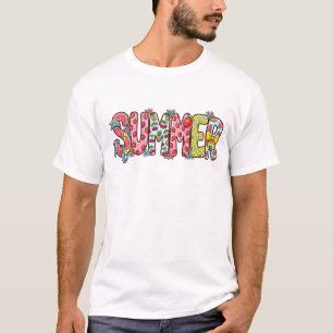 Farbige Sommerfrucht-Doodle-Typografie-Grafik T-Shirt