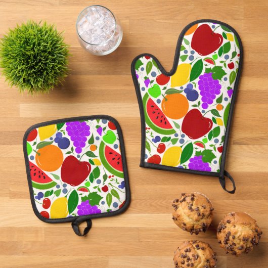 Farbige Sommerfrüchte Ofenhandschuh & Topflappen-Set (Oben Unten)