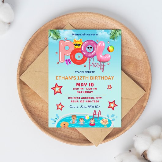 Farbige Sommergeburtseinladung / Pool-Party I Einladung