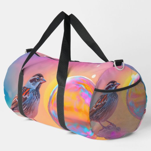 Farbige Sparrow und Regenbogenblase Duffle Bag (Rechte Ecke)