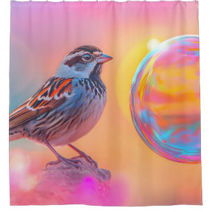 Farbige Sparrow und Regenbogenblase Duschvorhang