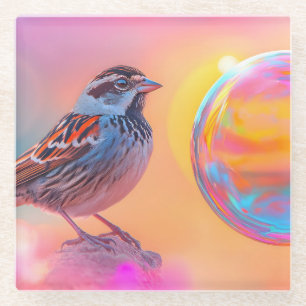 Farbige Sparrow und Regenbogenblase Glasuntersetzer