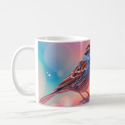 Farbige Sparrow und Regenbogenblase Kaffeetasse (Links)