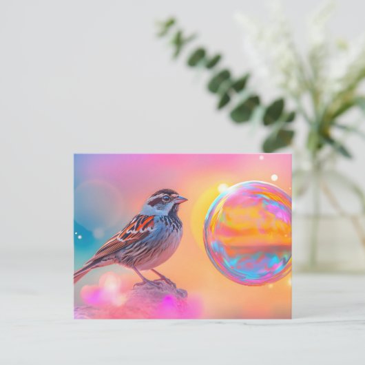 Farbige Sparrow und Regenbogenblase Postkarte (Stehend Vorderseite)