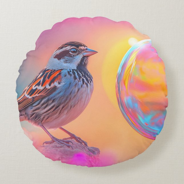 Farbige Sparrow und Regenbogenblase Rundes Kissen (Vorderseite)