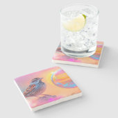 Farbige Sparrow und Regenbogenblase Steinuntersetzer (Seitenansicht)