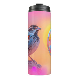 Farbige Sparrow und Regenbogenblase Thermosbecher