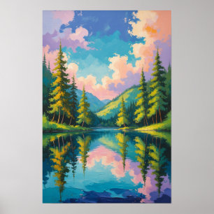 Farbige Spiegelung des Bergsees mit Kiefern  Poster