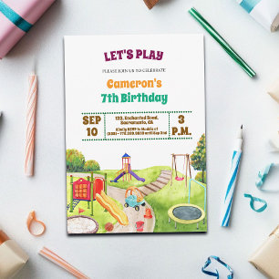 Farbige Spielplatz-Party 7. Geburtstagseinladung Einladung