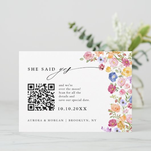 Farbige Spring Wildblume Meadow Foto QR-Code Save The Date (Stehend Vorderseite)