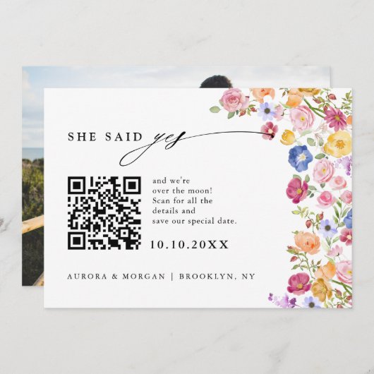 Farbige Spring Wildblume Meadow Foto QR-Code Save The Date (Vorne/Hinten)
