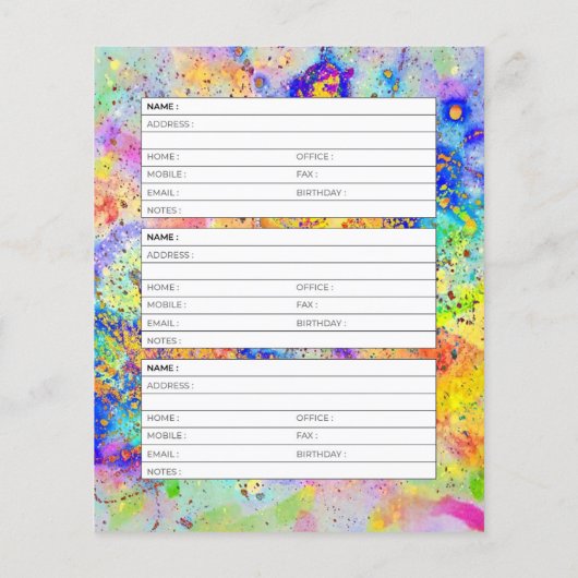 Farbige Spritzer-Adressbuchseite (Rückseite)