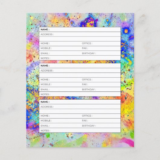 Farbige Spritzer-Adressbuchseite (Vorderseite)