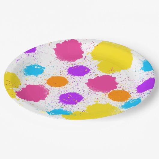 Farbige Spritzer Pappteller (Schrägansicht)