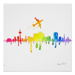 Farbige Stadt und Flugzeug Poster
