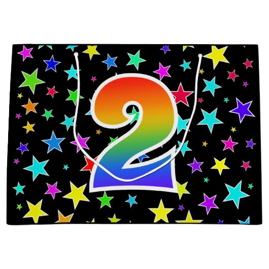 Farbige Sterne + Regenbogenmuster "2" Ereignis # Große Geschenktüte (Vorderseite)